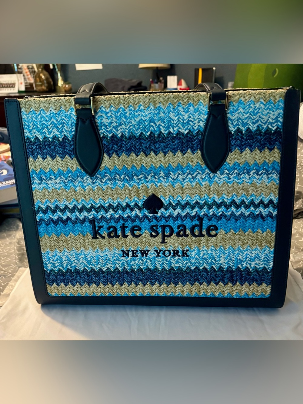 kate spade Blue and Tan Striped Woven Tote
